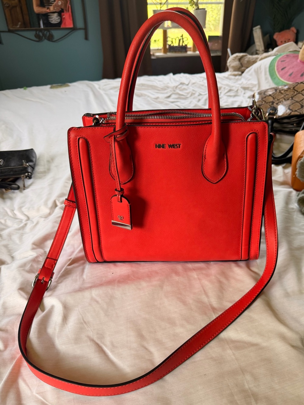 Nine West Bright Red Leather Satchel with Detachable Strap